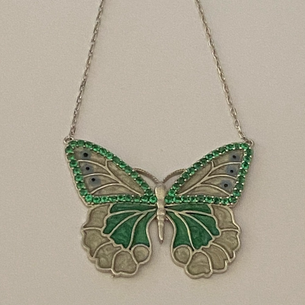 925 Silver green butterfly handmade enamel evil eye zirconia cz stones necklace